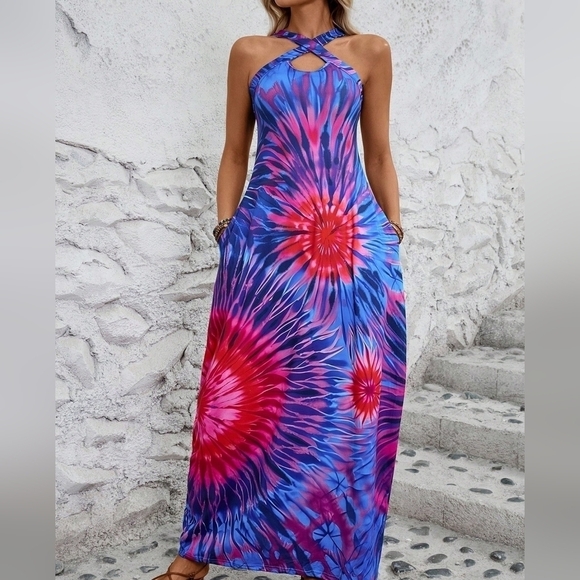 Summer Casual & Vacation Criss-Cross Neckline Shift Dress With Side Pockets - Picture 4 of 5